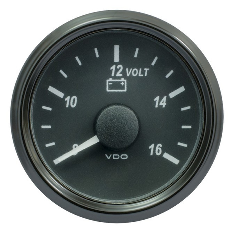VDO SingleViu 0247 Voltmeter 8-16V Black 52mm White Lighted w Red Pointer gauge